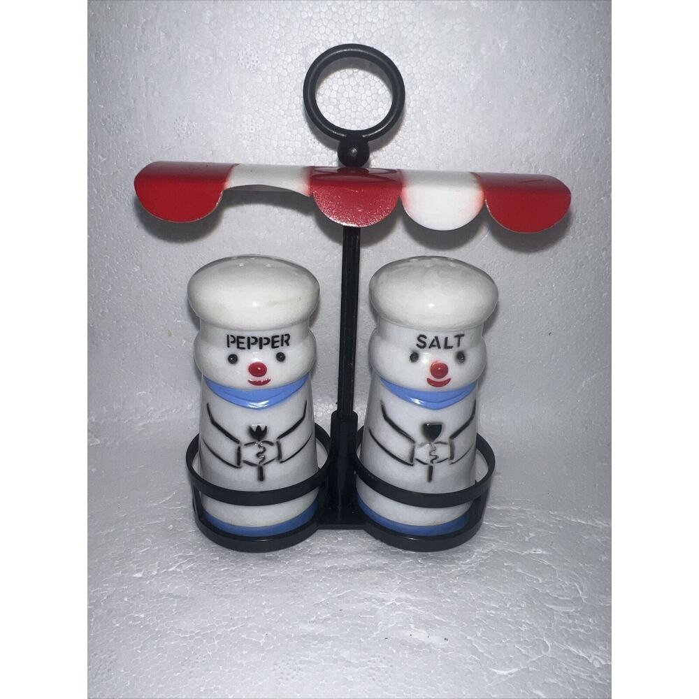 Vintage Chef Salt Pepper Shakers with Holder Canopy Awning - 1960’s Hong Kong